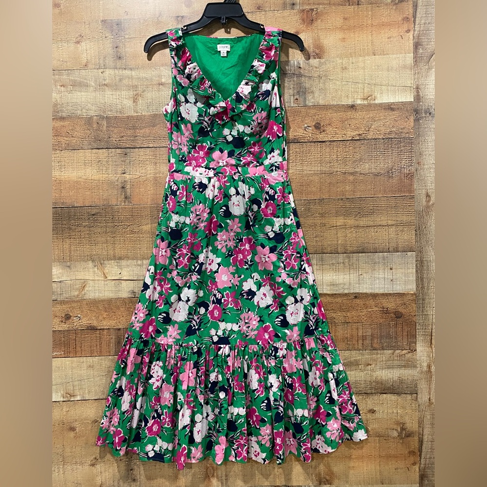 J. Crew Green and Pink Ruffled Tiered Floral Print Sleeveless Sundress Size 4